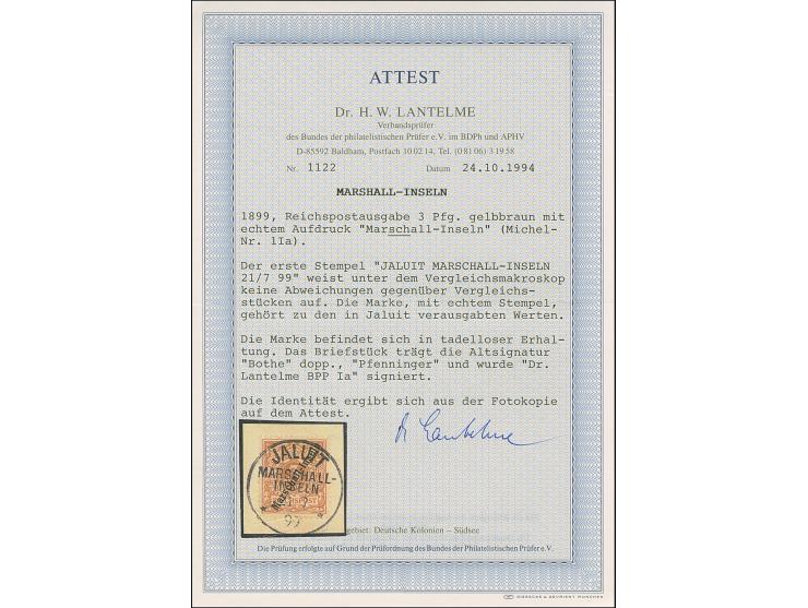 1897/1900, Diagonalaufdruck 3 Pfg. hellockerbraun mit klarem Stempel “JALUIT MARSCHALL-INSELN 21.7.99” auf Briefstück. Die fa