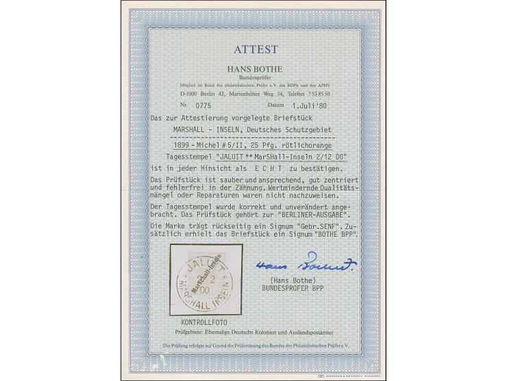 1899, Berliner Ausgabe 25 Pfg. gelblichorange mit klarem Stempel “MARSHALL-INSELN 2.2.00” auf Briefstück in tadelloser Erhalt