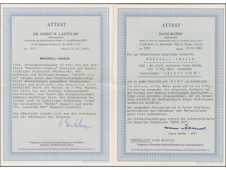 1900, 10 Pfg. senkrecht halbiert, linke Hälfte mit Stempel “JALUIT MARSHALL-INSELN 2.2.00” auf Ansichtskarte mit Grußtext nac