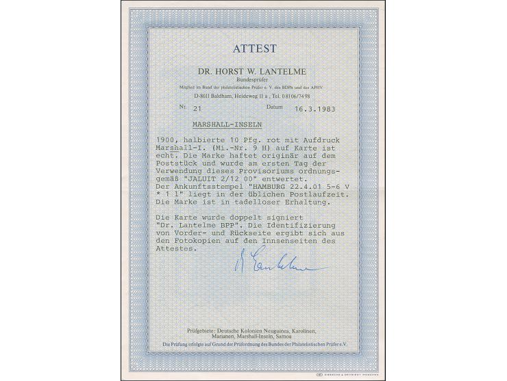 1900, 10 Pfg. senkrecht halbiert, rechte Hälfte mit Stempel “JALUIT MARSHALL-INSELN 2.2.00” auf Ansichtskarte mit Grußtext na