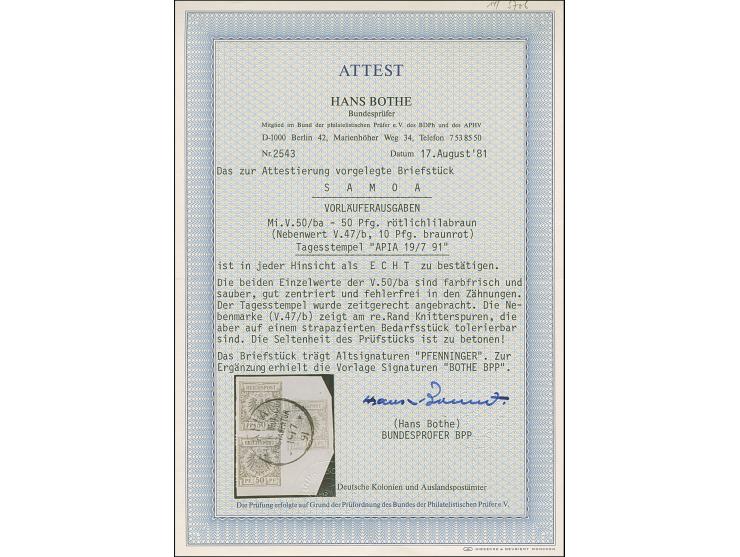 1890, Krone/Adler 50 Pfg. (lebhaft)braunrot, zwei Einzelmarken und 10 Pfg. lebhaftrosarot mit klarem Stempel “APIA KDPAg 19.7