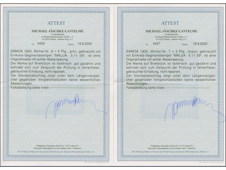 “MALUA SAMOA 5.11.09” zweimal klar auf Kaiseryacht 3 und 5 Pfg. auf zwei Briefstücken, in einwandfreier Erhaltung, jeweils mi