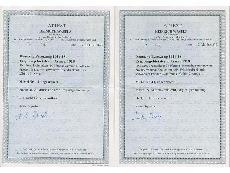 1918, Friedensdruck 10 Pfg. , 20 Pfg. und 30 Pfg., sauber ungebraucht, tadellos, äußerst selten, jeweils Fotoattest Wasels BP