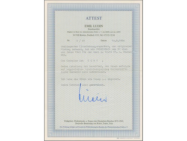 1943, Arbeitsdienst 12 Pfg. als ungezähnter Probedruck in Schwarz als Einzelabzug im Blockformat (84 x 143 mm) mit Bleistift-