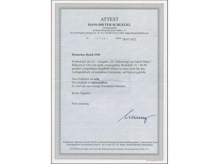 1943, 54. Geburtstag von Adolf Hitler 54+96 Pfg. &nbsp;als gezähntes Essay mit eingefügtem Kopfbild Hitlers in einer nicht fü