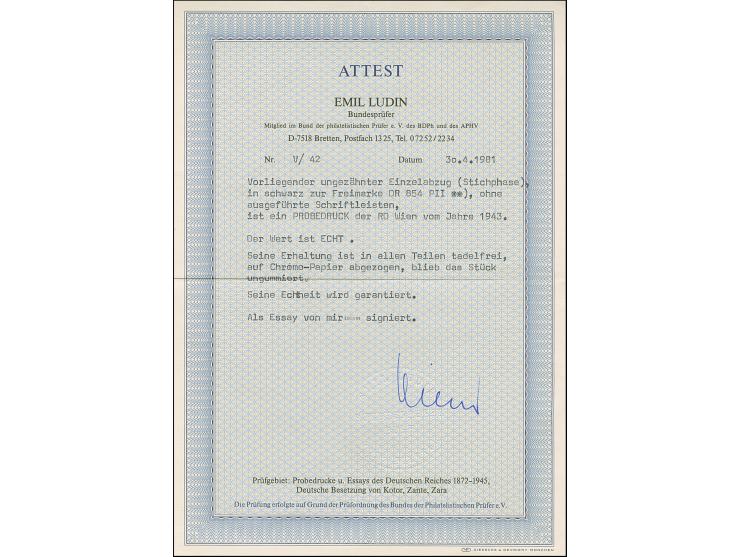 1943, Braune Band 42 Pfg. als ungezähnter Probedruck in Schwarz als Einzelabzug ohne Inschrift im Blockformat (142 x 83 mm) a