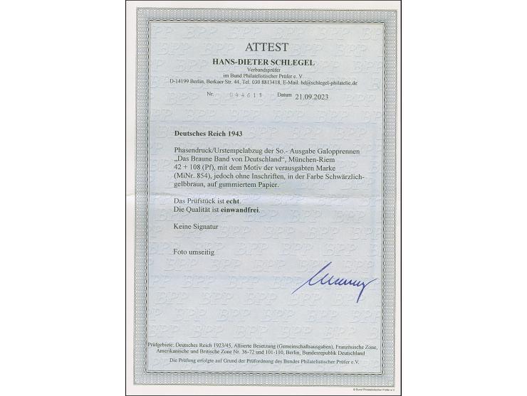1943, Das Braune Band 42 Pfg. als ungezähnter Probedruck in Schwärzlichgelbbraun als Einzelabzug ohne Inschrift im Blockforma