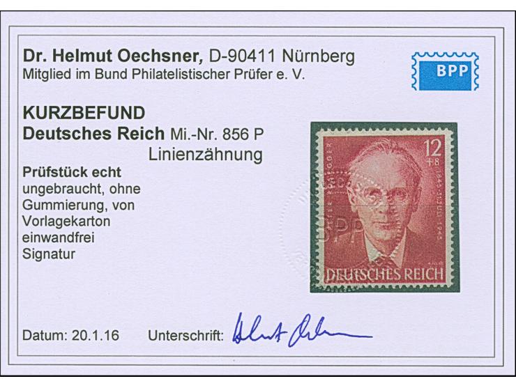 1943 100. Geburtstag von Peter Rosegger 12 Pfg. &nbsp;als gezähnter Probedruck in Dunkelbräunlichrot mit Linienzähnung L 14½,