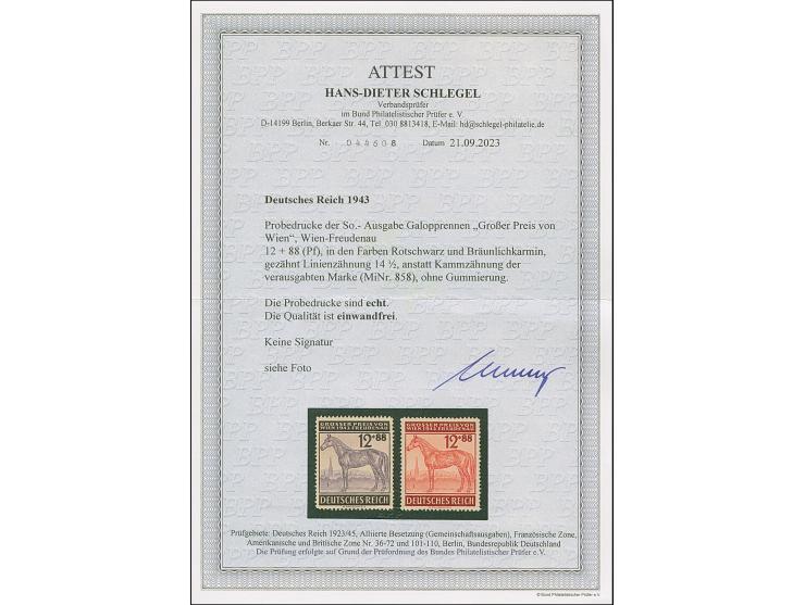 1943, Großer Preis von Wien 12 Pfg. &nbsp;als gezähnte Probedrucke in Rotschwarz bzw. Bräunlichkarmin, ungebraucht ohne Gummi