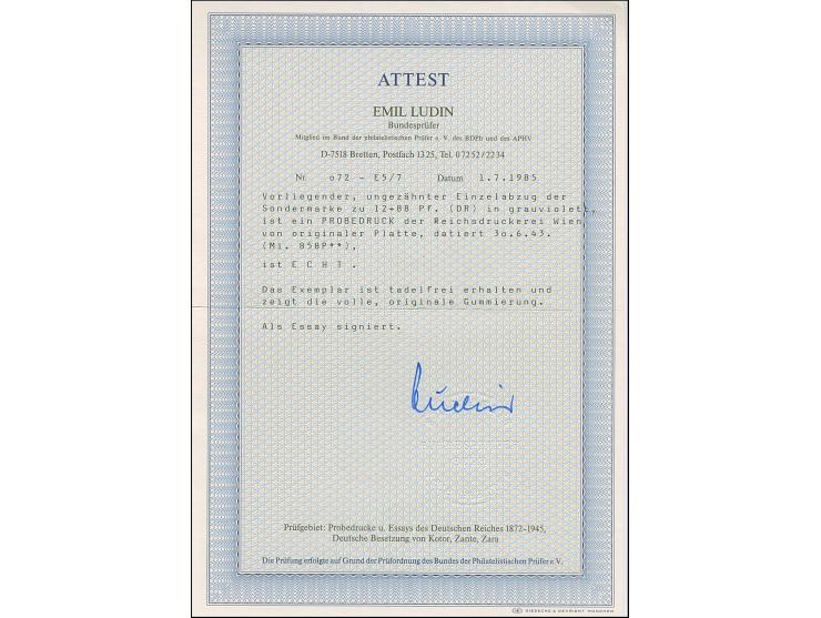 1943, &nbsp;Großer Preis von Wien 12 Pfg. als ungezähnter Probedruck in Graukarmin als Einzelabzug im Blockformat (79 x 114 m