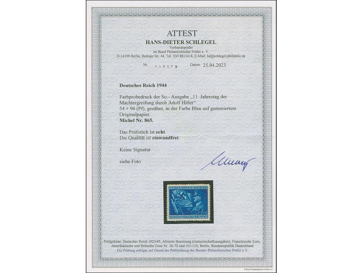 1944, 11. Jahrestag der Machtergreifung durch Adolf Hitler 54+96 Pfg. als gezähnter Probedruck in Blau, postfrisch mit zum Te