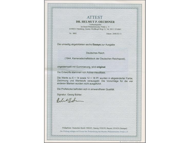 1944, Kameradschaftsblock der Deutschen Reichspost 3-60 Pfg. komplett als gezähnte Entwürfe von Axtner-Heudlass in anderen Fa