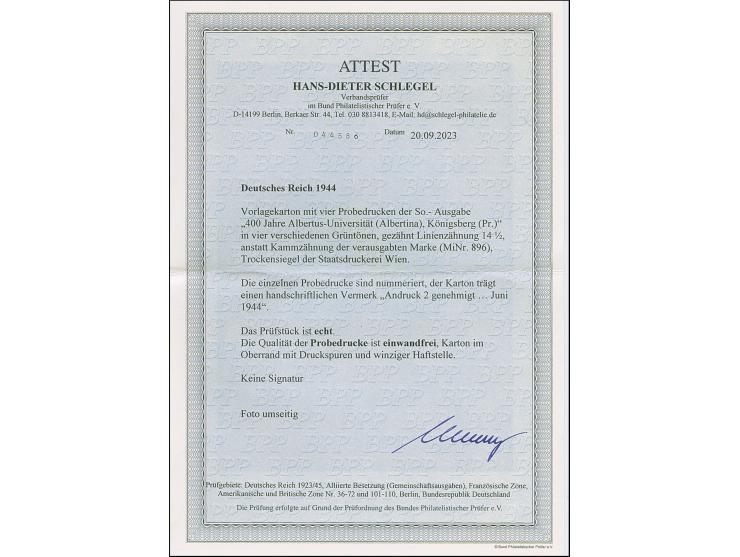 1944, 400 Jahre Albertus-Universität Königsberg 6 Pfg. als gezähnter Probedruck, vier Werte in verschiedenen Grüntönen auf Vo
