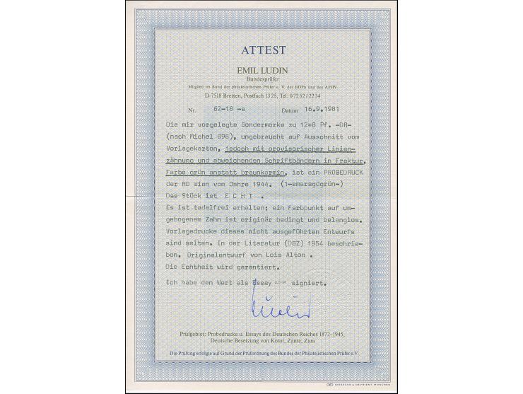 1944, Tiroler Landesschießen 12 Pfg. als gezähnter Probedruck in Smaragdgrün und im Text abweichenden Schriftbändern auf Vorl