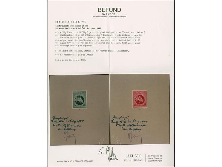 1944, Großer Preis von Wien 6 Pfg. und 12 Pfg. als gezähnte Probedrucke in Schwarzbläulichgrün bzw. in Dunkelrotkarmin auf zw