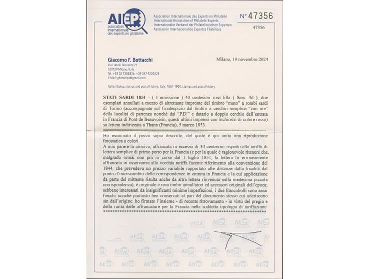 1851, King Emmanuel II 40 c. lilac rose, two fresh examples of this rare shade, margins shaved or touched to large, each tied