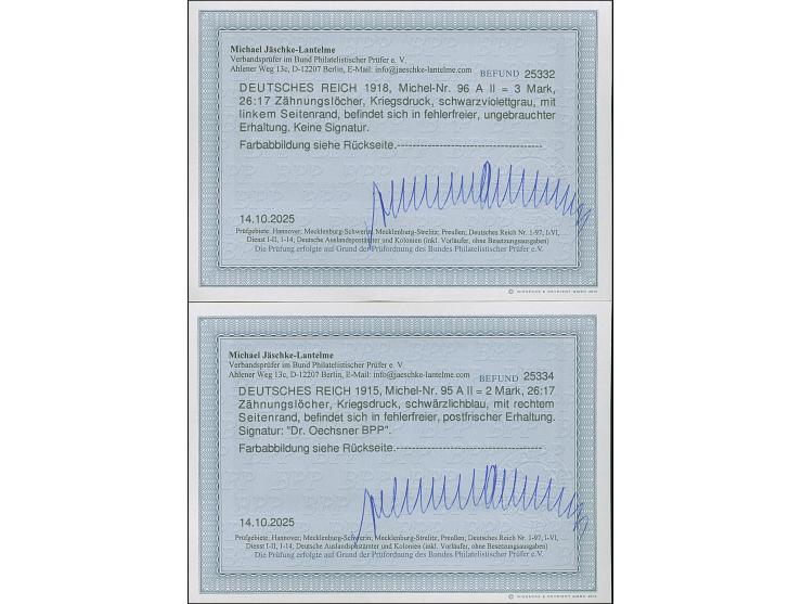 1915/19, Kriegsdruck mit Zähnungslöcher 26:17 1 und 2 M. jeweils mit rechtem Rand, postfrisch, in tadelloser Erhaltung, 1 M. 