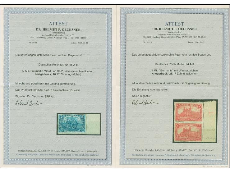 1915/19, Kriegsdruck mit Zähnungslöcher 26:17 1 und 2 M. jeweils mit rechtem Rand, postfrisch, in tadelloser Erhaltung, 1 M. 