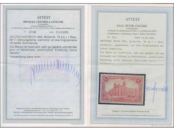 1902/04, 1 M. karminrot, Zähnungslöcher 26:17, postfrisch und in tadelloser Erhaltung. Ein sehr schönes, farbfrisches und seh