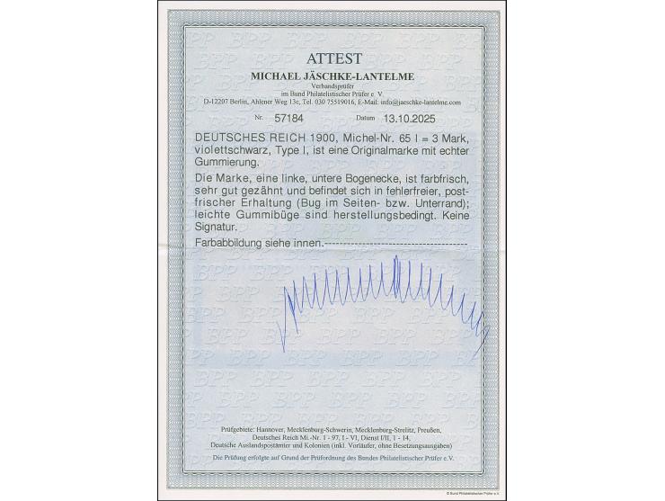 1900, Reichspost 3 M., Type I, aus der linken unteren Bogenecke, postfrisch und in tadelloser Erhaltung. im Bogenrand mit Büg