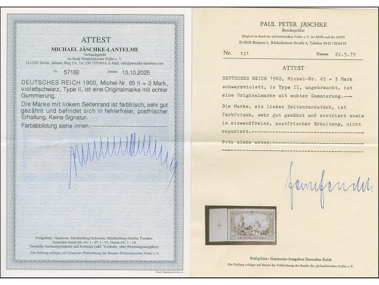 1900, Reichspost 3 M., Type II, mit linkem Seitenrand mit Passerkreuz, postfrisch und in tadelloser Erhaltung. Ein sehr schön