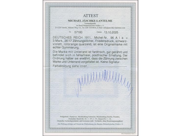1905/12, Friedensdruck 3 M. schwarzviolett (rotorange quarzend) mit Unterrand (vorgefaltet), postfrisch und in tadelloser Erh