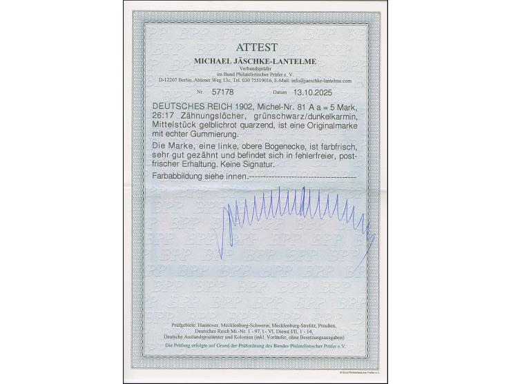 1905/12, 5 M. grünschwarz/dunkelkarmin (Mittelstück gelblichrot quarzend) aus der linken oberen Bogenecke, postfrisch und in 