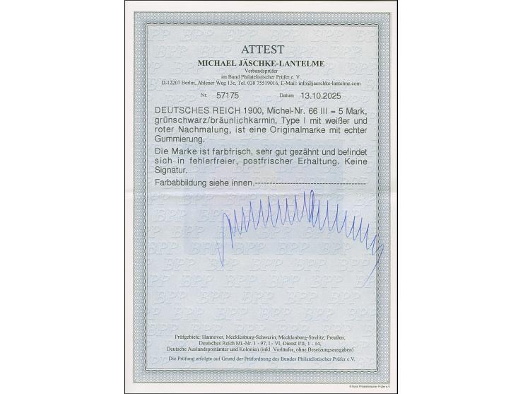 1900, Reichspost 5 M., Type 1 mit weißer und roter Nachmalung, postfrisch und in tadelloser Erhaltung, unsigniert mit Fotoatt
