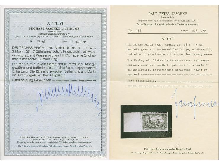 1920, Kriegsdruck 3 M. schwarzviolettgrau mit Wasserzeichen “Ringe” und linken Bogenrand (vorgefaltet), sauber ungebraucht un