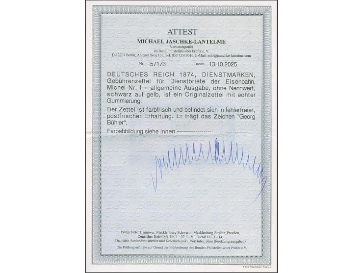 1874, Eisenbahn-Gebührenzettel schwarz auf gelb, allseits breitrandig, postfrisch und in tadelloser Erhaltung. Ein besonderes