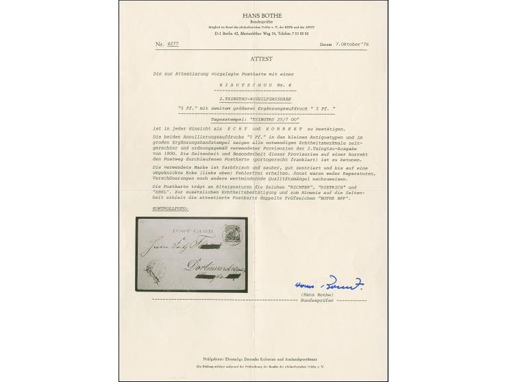 1900. 5 Pf auf 10 Pfg. lebhaftlilarot mit zusätzlichem Handstempel “5 Pf.” (größere Type), mit Stempel “TSINGTAU KIAUTSCHOU 2