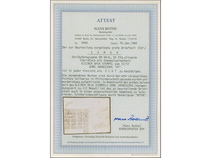 1887, 50 Pfg. (dunkel)oliv im 12er-Block und eine halbierte Marke je mit Stempel “APIA 12.12.” (ohne Jahreszahl vom Ersttag) 