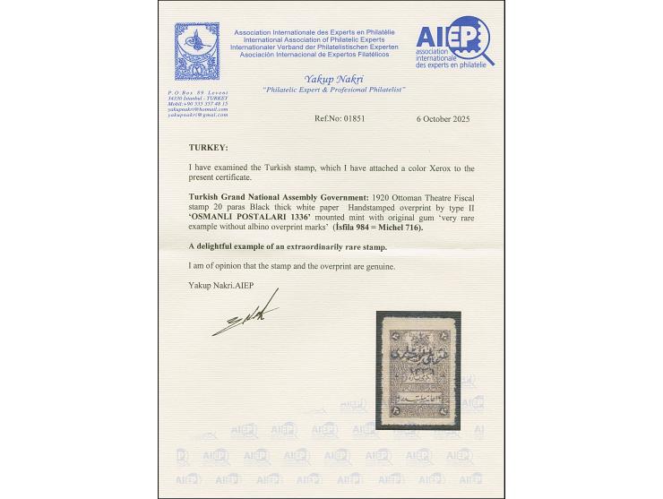 1920, Turkey in Asia: Theatre Tax Fiscal 20 pa. black, overprint in type II handstamped in black on thick white paper, unused