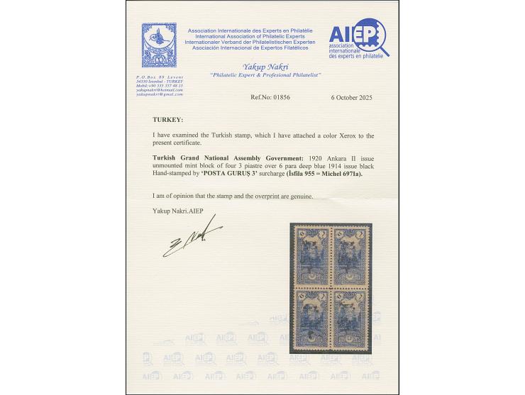 1920, 3 pia. on 6 pa. deep blue, block of four, mint never hinged very fine, an Angora Government rarity in top quality. Cert