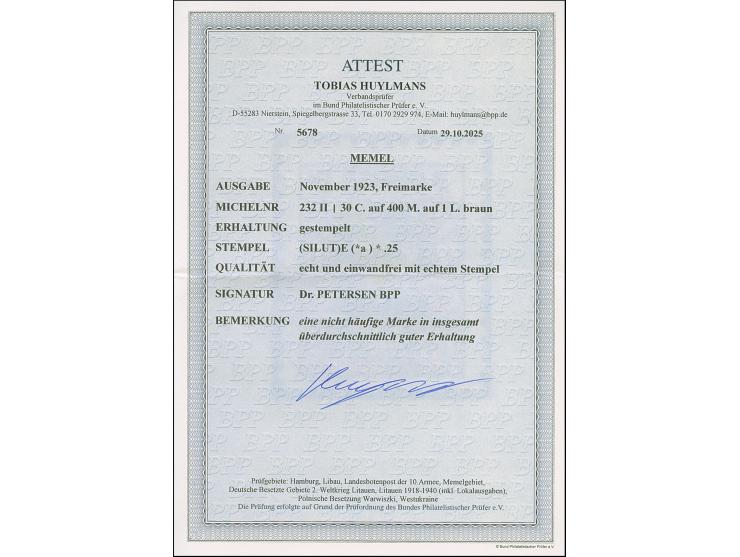 1923, 30 C. auf 400 M. auf 1 L. braun, Type II, gestempelt und in tadelloser Erhaltung. Ein schönes Exemplar dieser nicht häu