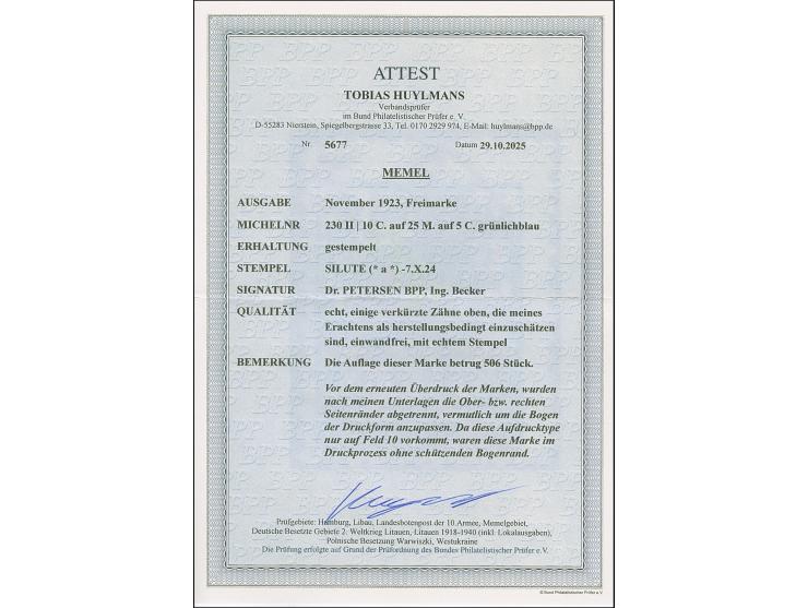 10 C. auf 25 M. auf 5 C. grünlichblau, Type II, sauber gestempelt mit vermutlich herstellungsbedingten, verkürzten Zähnen obe