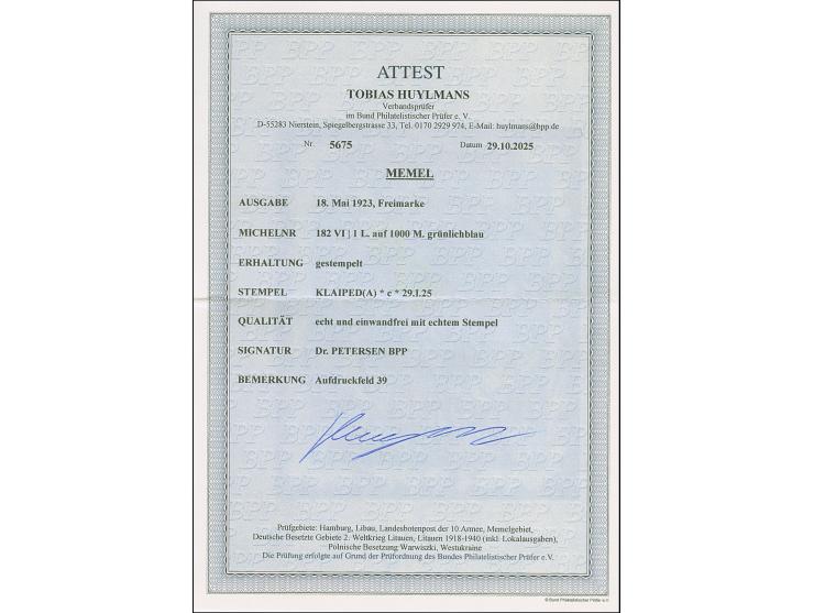 1923, 1 L. auf 1000 M. grünlichblau &nbsp;mit Aufdrucktype “VI” (Feld 39), sauber gestempelt und in einwandfreier Erhaltung, 