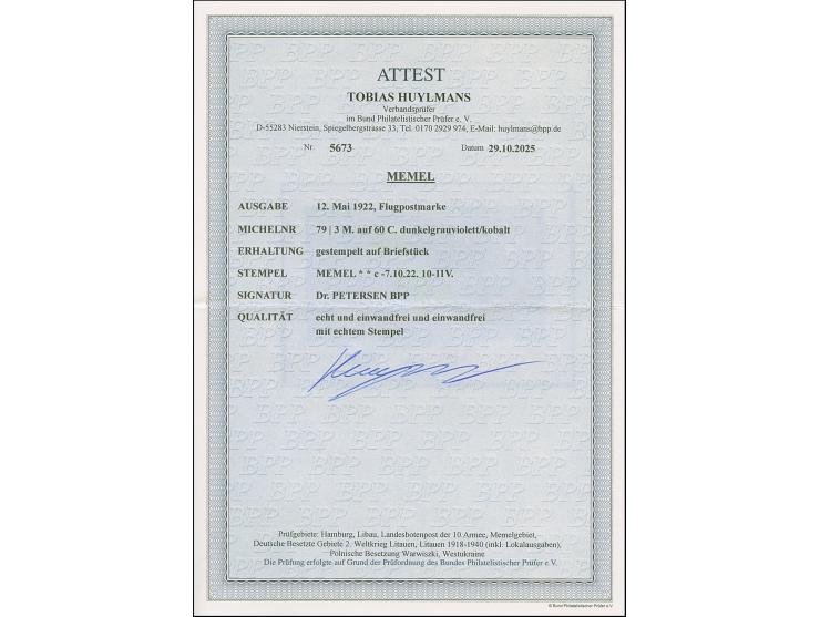 1923, Flugpost 3 M. auf 60 C. mit Stempel “MEMEL **c 7.10.22" auf Briefstück, in einwandfreier Erhaltung, sign. Dr. Petersen 