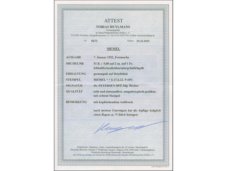 1922, 5,00 auf 2 M. auf 1 Fr. mit kopfstehendem Aufdruck “5,00”, klar mit Stempel “MEMEL **b 27.6.22” auf Briefstück. Die Mar