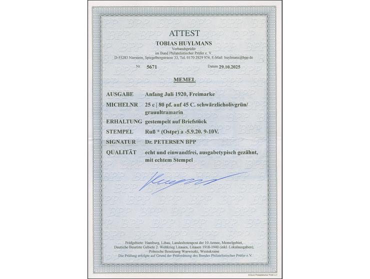 1920, 80 pf auf 45 C. schwärzlicholivgrün/grauultramarin mit Stempel “Ruß * (Ostpr.) a 5.9.20.” auf Briefstück. Die Marke mit