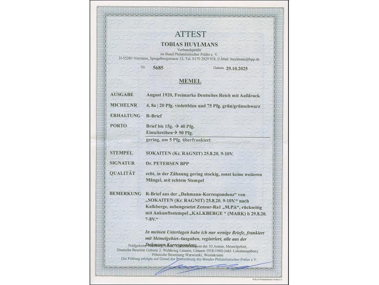 “SOKAITEN (Kr. RAGNIT) 25.8.20” zweimal klar auf Germania-Aufdruckausgabe 1920 20 und 75 Pfg. auf etwas überfrankiertem R-Bri