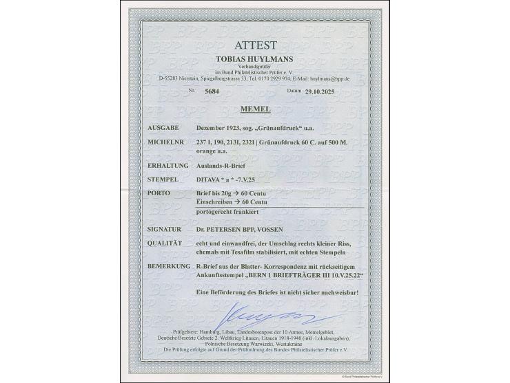 1923, Grünaufdruck 60 auf 500 M. orange, Type I, in Mischfrankatur mit 30 C. auf 400 M auf 1 L. braun (Type I), 15 C. auf 100