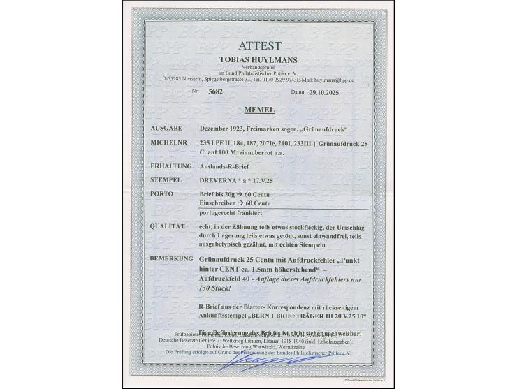 1923, Grünaufdruck 25 C. auf 100 M. zinnoberrot mit Aufdruckfehler “Punkt hinter CENT ca. 1,5 mm höher stehend” (Feld 40) in 