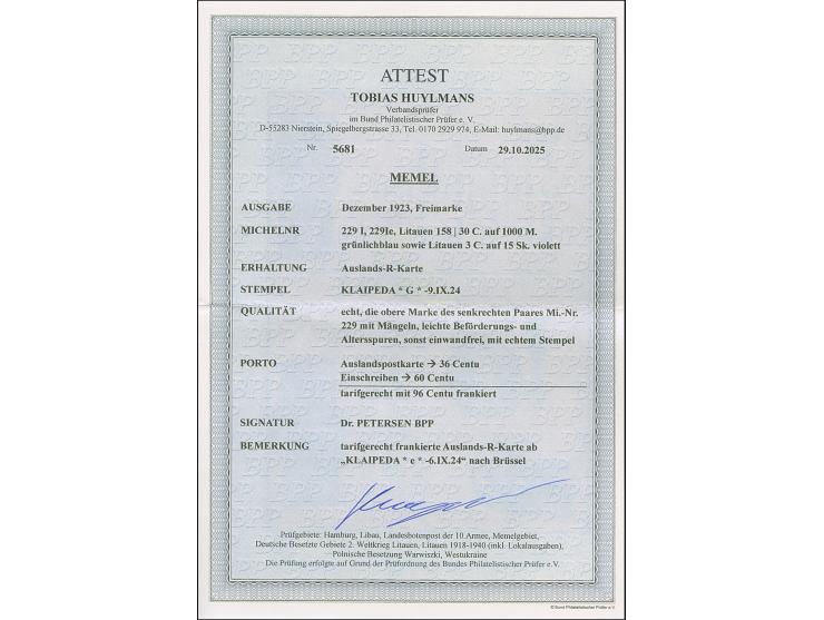 1923, 30 C. auf 1000 M. grünlichblau im senkrechten Paar (Type I und Ie) sowie Einzelwert in Mischfrankatur mit senkrechtem P