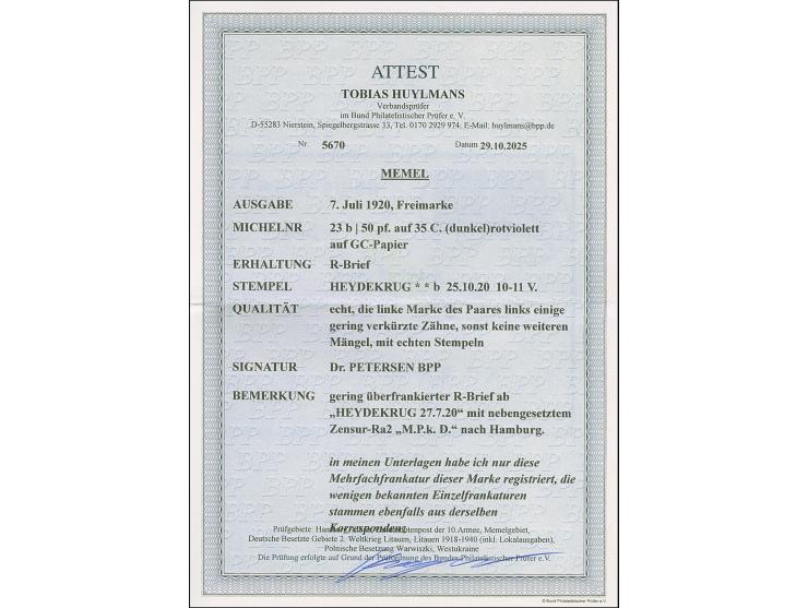 1920, 50 pf auf 35 C. (dunkel)rotviolett im waagerechten Paar mit Stempel “HEYDEKRUG **b 25.10.20” auf etwas überfrankiertem 