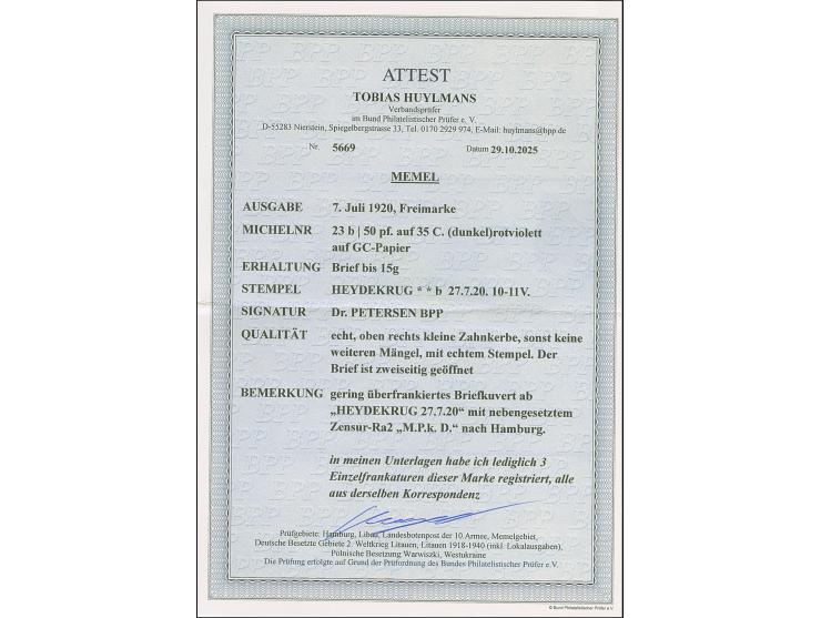 1920, 50 pf. auf 35 C. (dunkel)rotviolett mit Stempel “HEYDEKRUG 27.7.20” auf etwas überfrankiertem Brief mit Zensur-Ra2 “M.P