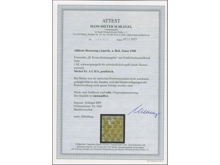 1948, Netz auf Taube 1 M. schwarzgraugelb bis schwärzlicholivgelb (stark fluoreszierend), postfrisch, in tadelloser Erhaltung