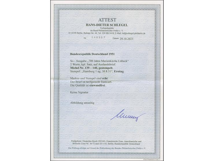 1951, Marienkirche 10 und 20 Pfg. je mit Ersttags-Stempel “HAMBURG 30.8.51” als portogerechte Frankatur auf kleinformatigem B