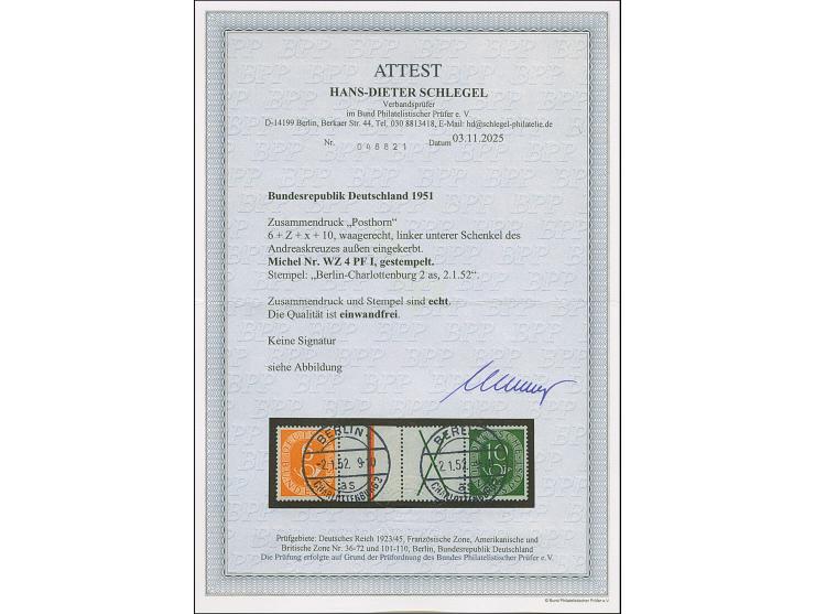 1951, Posthorn 6 Pfg. + Z + X + 10 Pfg. mit Plattenfehler “linker unterer Schenkel des Andreaskreuzes außen eingekerbt”, saub