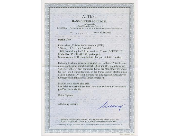 1949, Stephan 12 Pfg.-2 M. mit Ersttagsstempel “BERLIN-CHARLOTTENBURG 6 9.4.49” auf Holthöfer-FDC mit gedrucktem Absender an 